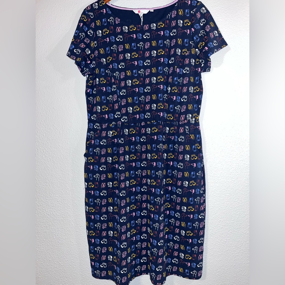 Boden Phoebe Cotton Dog Pattern Jersey Pocket Dress Navy Blue Size 12